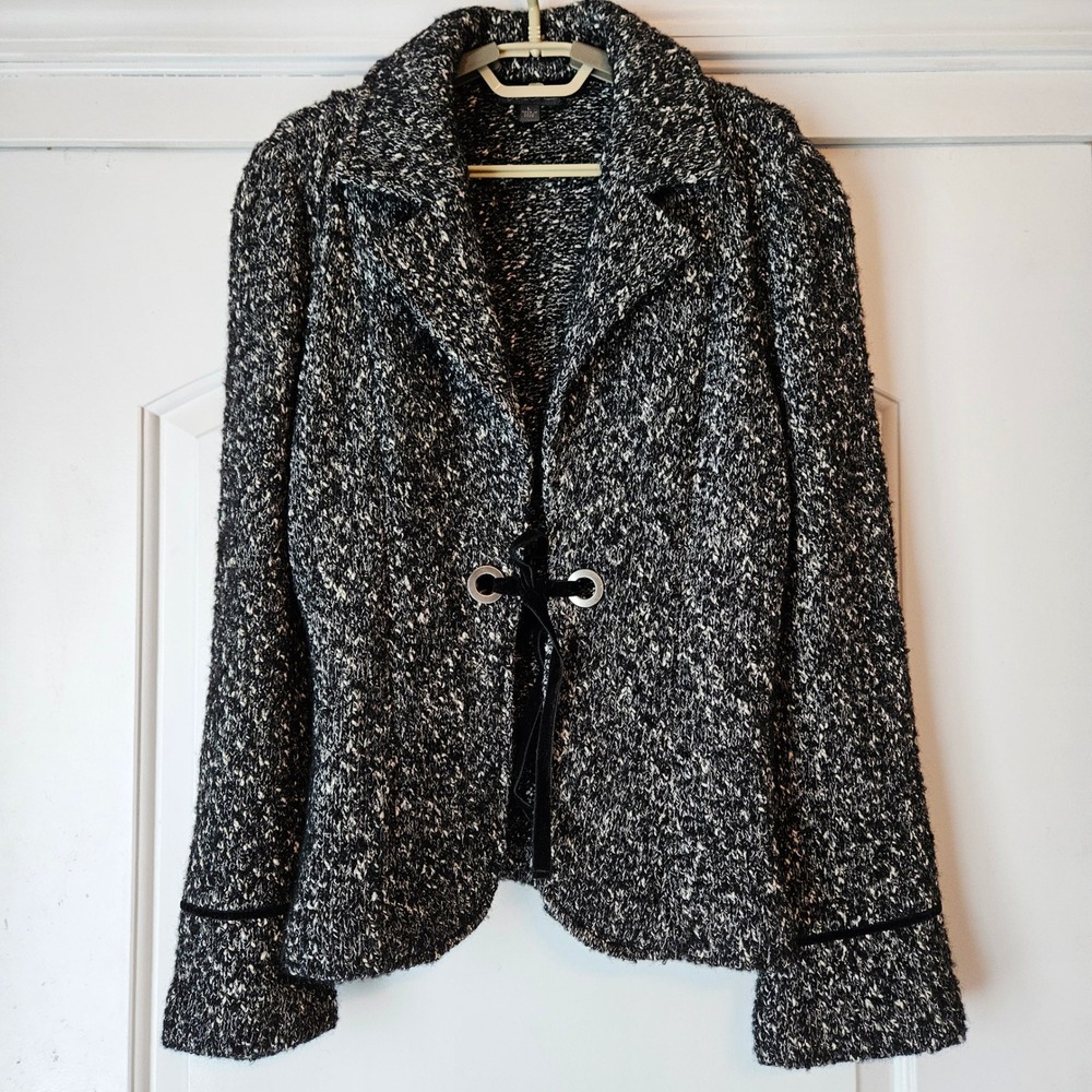Knit Cardigan Women Large Black White Wool Blend Velvet Whimsigoth Office Career